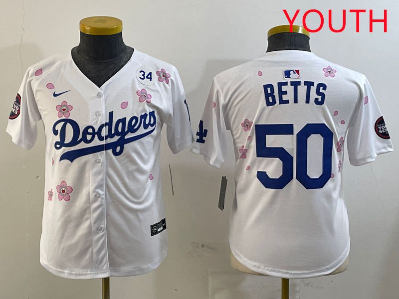 Youth Los Angeles Dodgers #50 Betts White Sakura Edition 2025 Nike MLB Jersey style 4